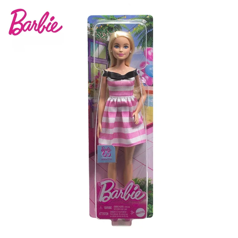 Original Barbie Doll Fashionista Kids Toys for Girls 65th Anniversary Blonde Hair Dolls Striped Dress Accessories Juguetes Gift