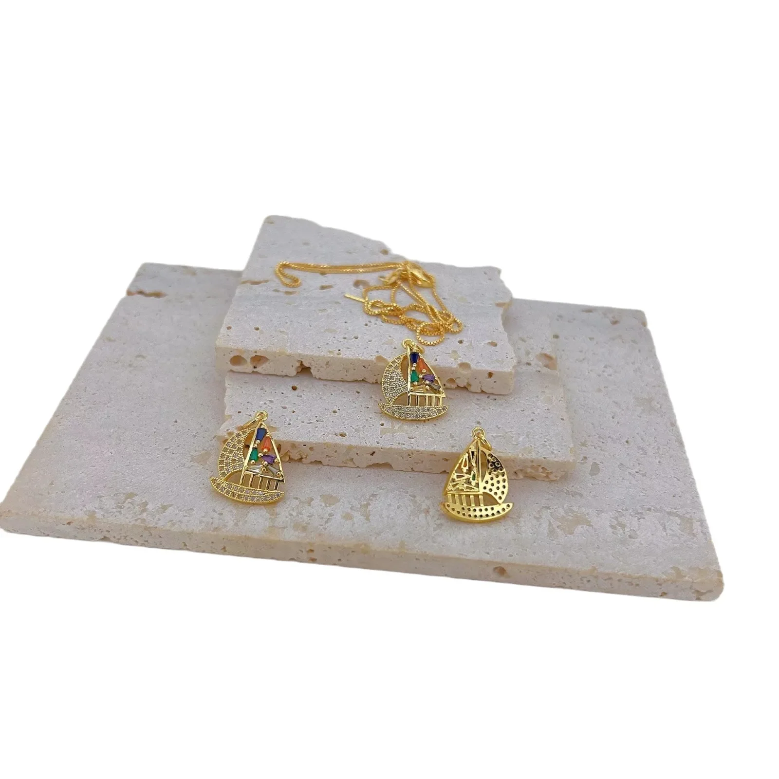 2Pcs Inlay Colorful Zircon Pendant for Diy Earrings Necklace Making Brass Round Flower Boat Hollow Jewelry Accessories Wholesale