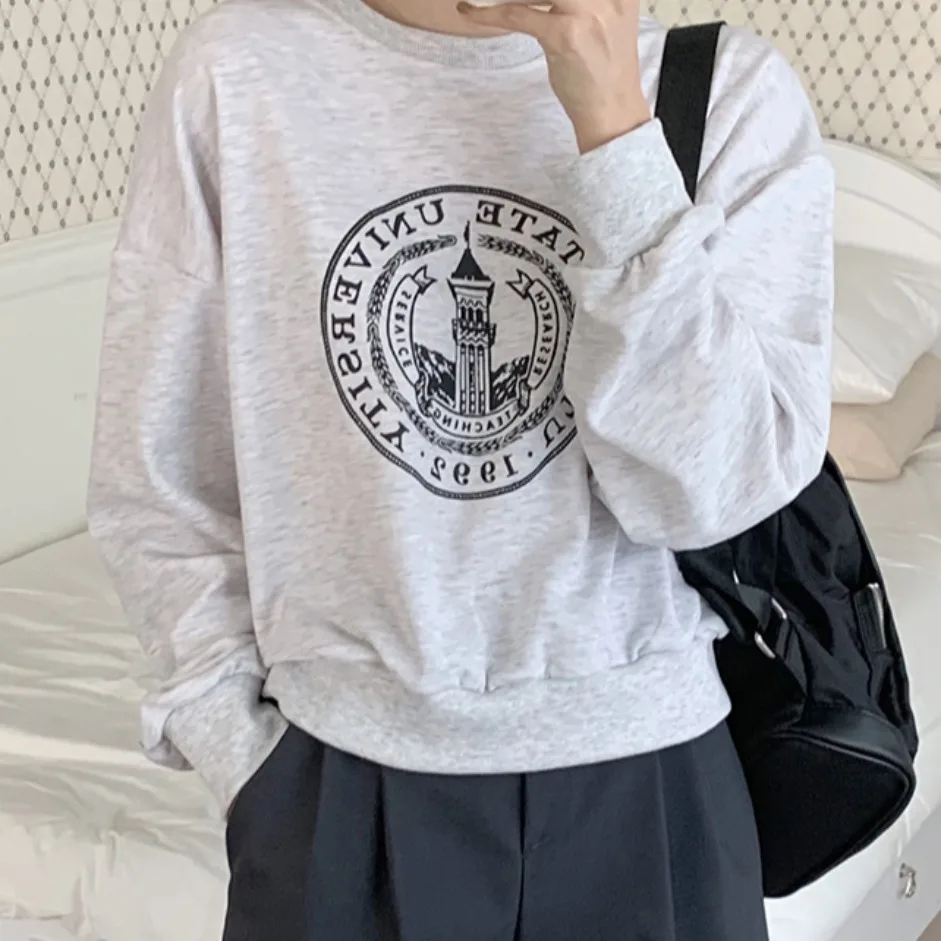 Chic Autumn Winter Fce Lined Thiened Letter Print round Ne Sweatirt Women's Vintage Design Anti-Aging Quali