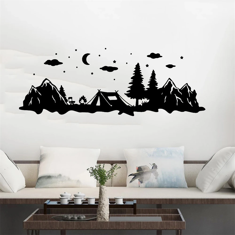 Large Camper Rv Tent In Forest Moon Star Wall Sticker Kids Room Camping Travel Tree Sky Decal Motorhome Car Vinyl Home Decor