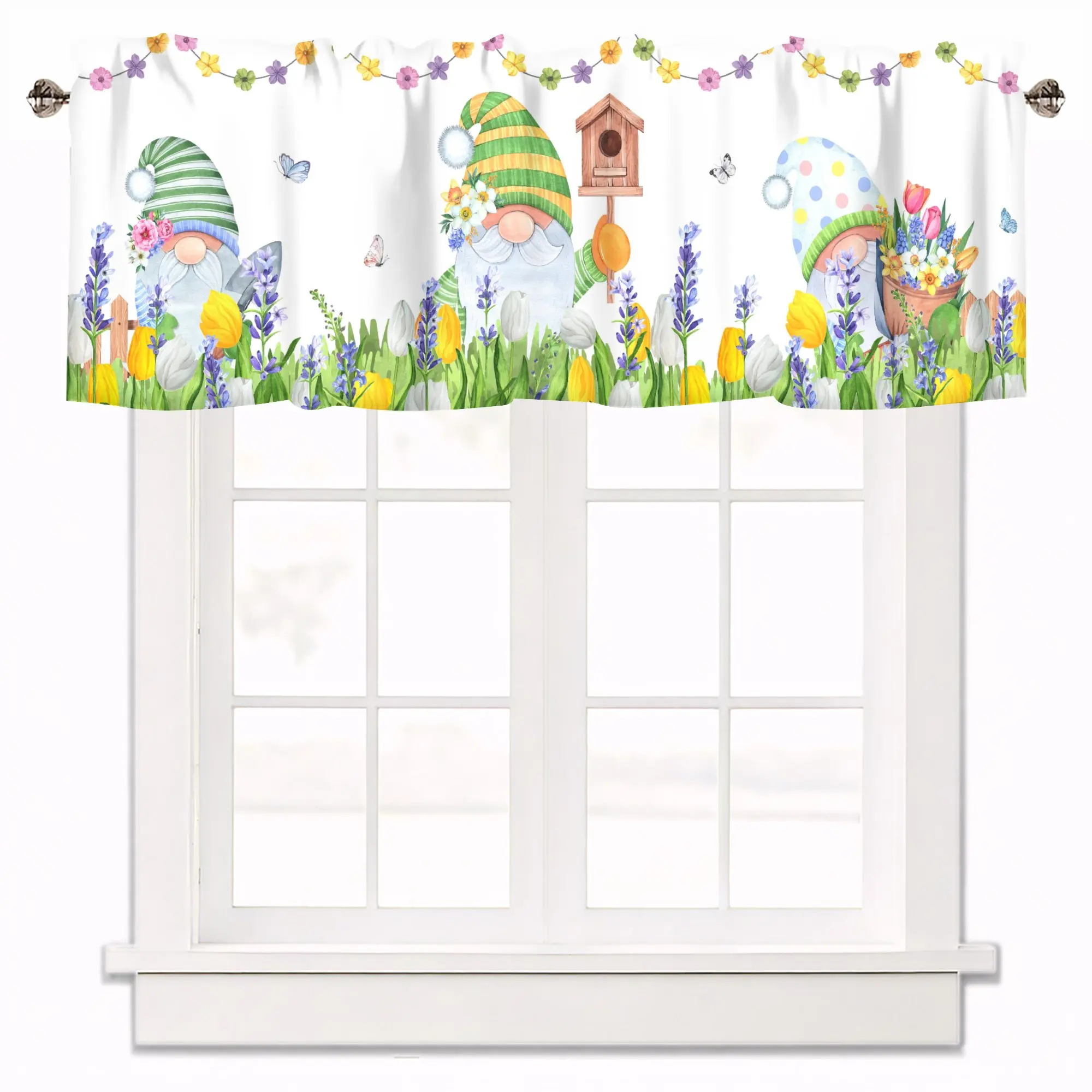 Easter Valances for Windows Gnome Kitchen Curtain Valances Spring Flowers Rod Pocket Valance Short Curtains  Room Bedroom