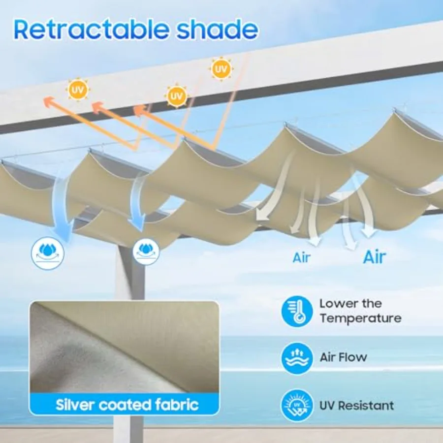 Outdoor Garden, Patio, Deck Wave Sun Shade with Waterproof Retractable Canopy, Silver-coated Polyester Fabric, Beige Color, Fle