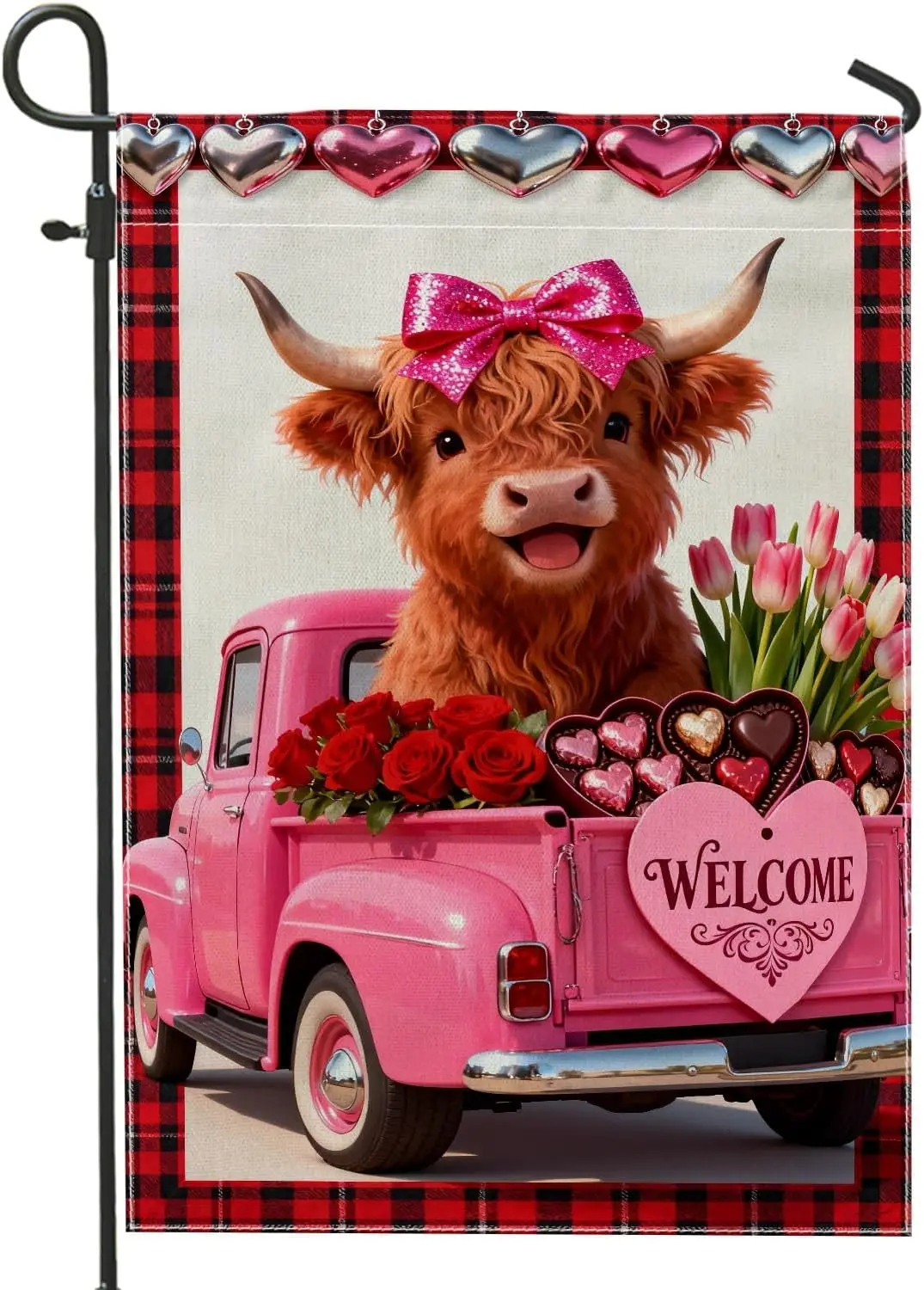 Cow Garden Flag, Festive Fanciful Truck Roses Valentine'S Day Peach Double Sided Burlap Yard Decorative Flags for Outdoo FFL IIC
