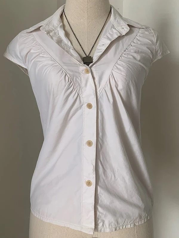 Original Retro Design Slim Fit irt f Sp สาวเกาหลี Sle Cotton Blend ort Sve Collar Pure Color Summer irt