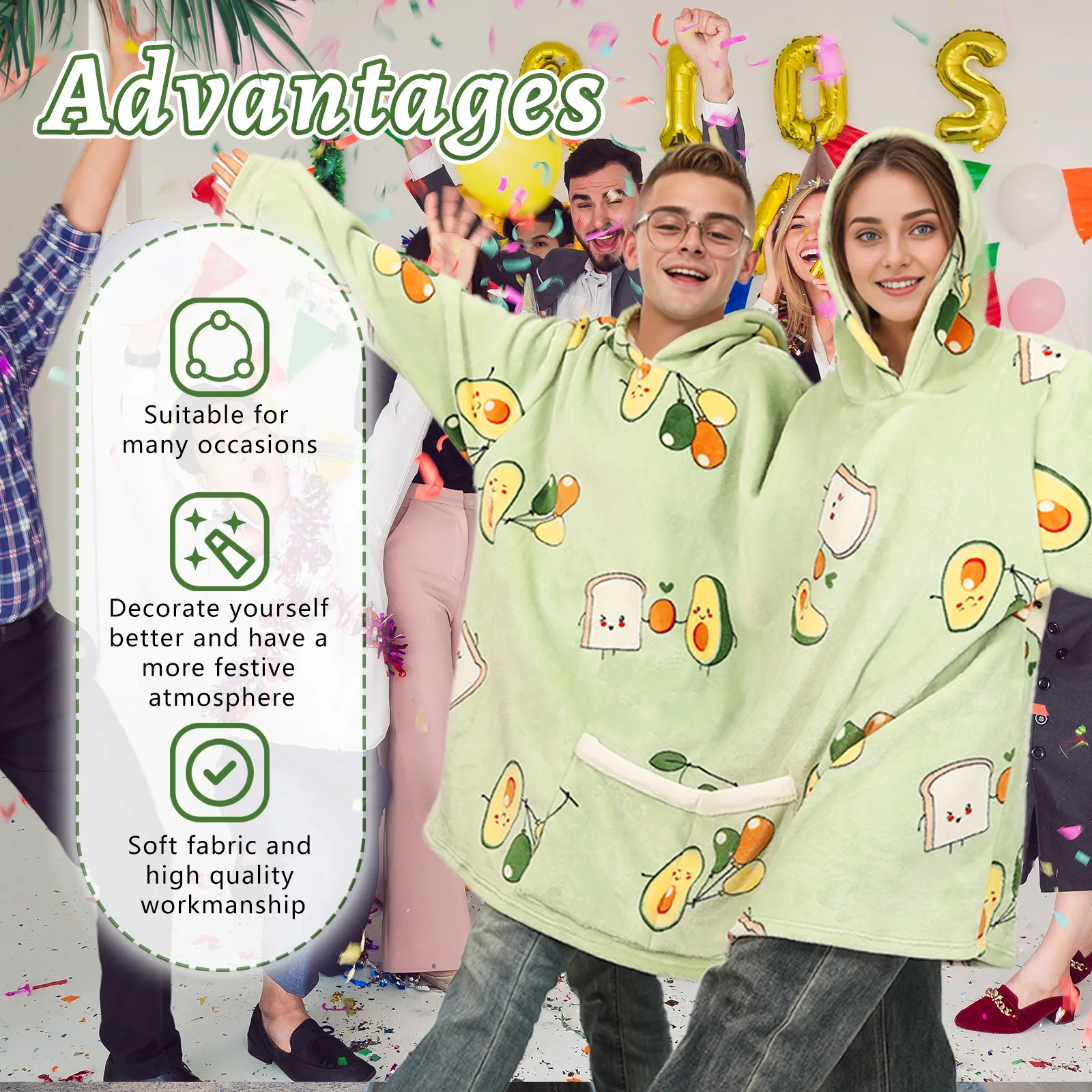 Avocado Pattern Double Snuddie Popcorn Couple Pairs Pajamas Autumn Winter Plush Hooded Blanket One Size For Adults