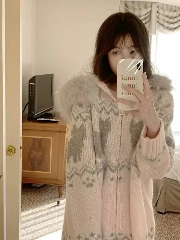 

Laid-ba Sle Fair Isle Трикотаж с капюшоном и меховым воротником Свободный осенне-зимний теплый топ Long Sve