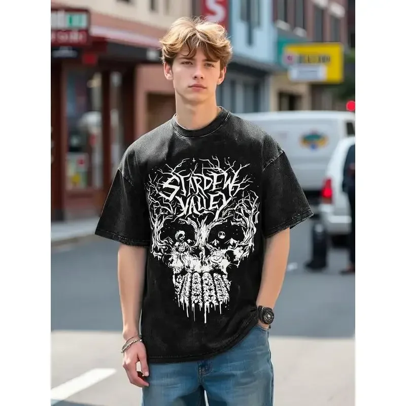 Washed T Shirts Skull Stardew Valley Hip Hop Vintage T-Shirt Oversize Streetwear Graphic Printed Tops Tees for Men Women, T Shir