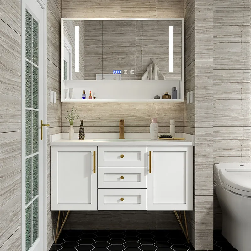 Ceramic integrated basin Solid wood bathroom cabinet combination Modern simple intelligent face wash basin cabinet
