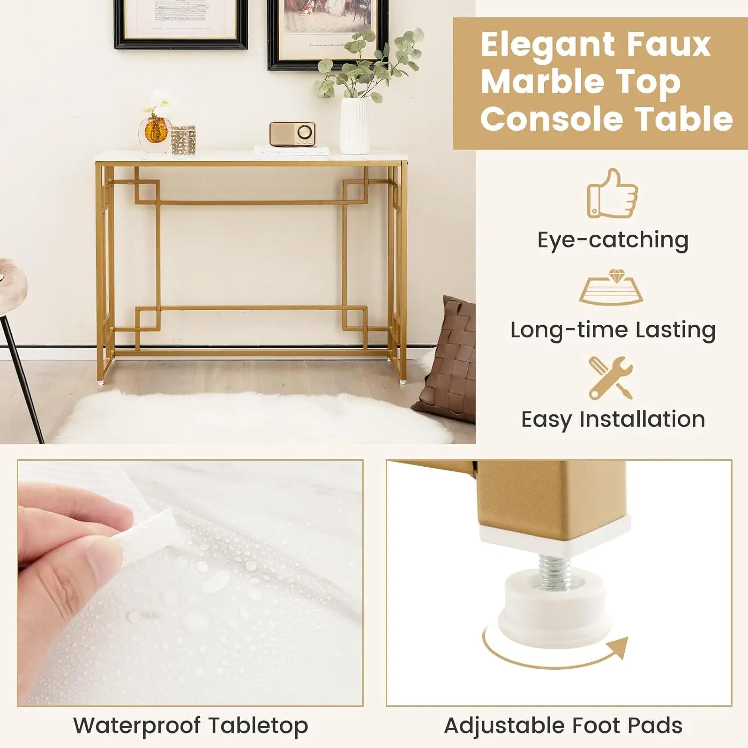 43.5-Inch Console Tables For Entryway - Foyer Table With Adjustable Foot Pads, Golden Metal Frame, Faux Marble Top, Modern Long