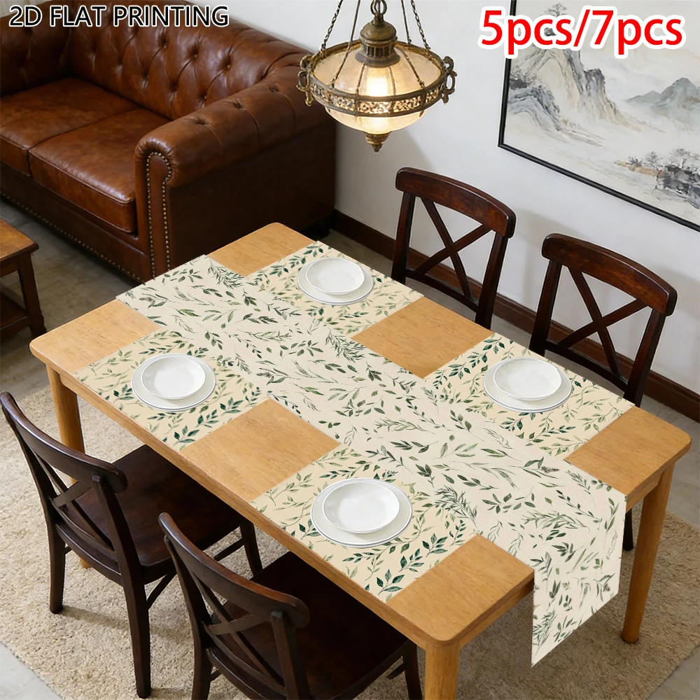 1pc Spring Green Leaf Foliage Theme Table Runner and Placemat for Farmhouse Dinner Event Decor for Home Owner