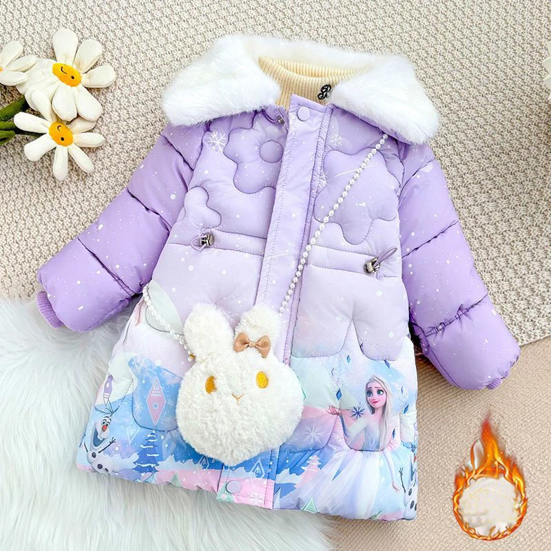

2025 Winter Disney Frozen Elsa Baby Girls Coats Cartoon Plush Lapel Collar Thicken Padded Warm Parkas for Kids Princess Jackets