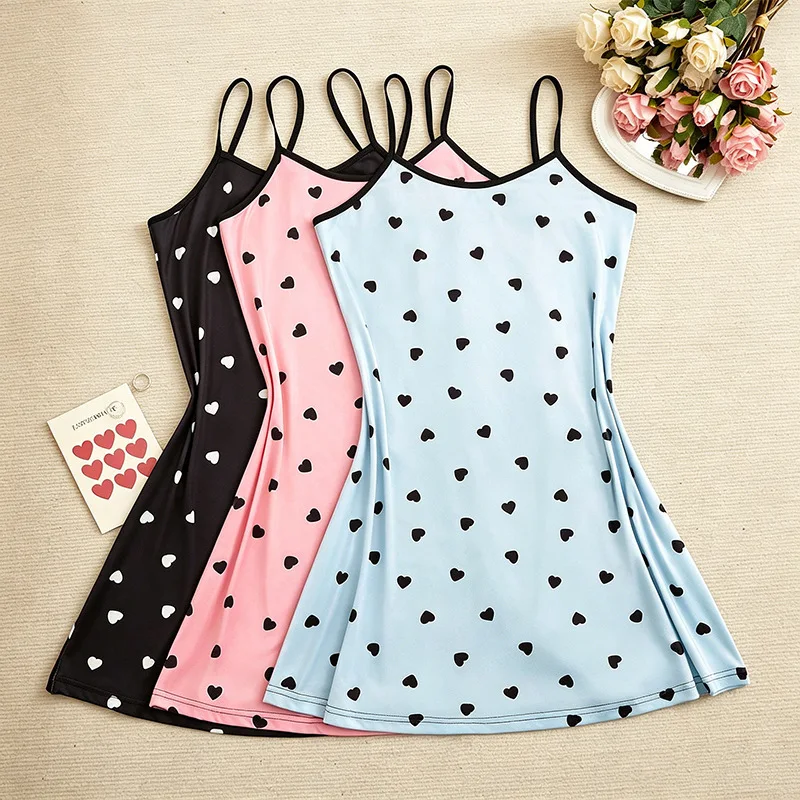 

European and American Sleepwear Women's Summer Milk Silk Heart Suspender Skirt Soft and Suitable for Outdoor Wear at Home