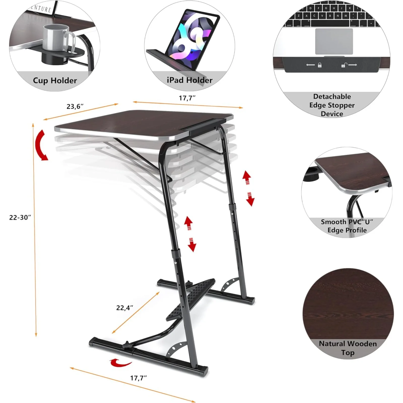 US  Laptop Table - Wooden Height & Angle Adjustable Couch Table, Portable Laptop Desk with Footrest