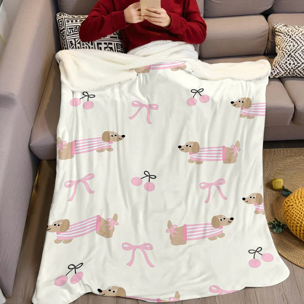 Dachshund Cherry Bow Print Flannel Blanket Warm Soft Halloween Christmas Couch Warm Cozy Decorative Decor Gift for All Season