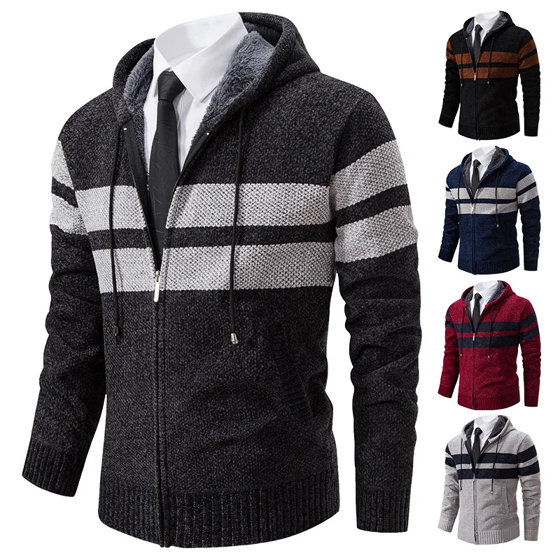 Maglione cardigan lavorato a maglia caldo color block moda ispessito in pile con cerniera a righe autunno/inverno da uomo
