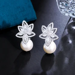 ThreeGraces Temperament Shiny CZ Crystal Elegant Flower Dangling Simulated Pearl Bridal Earrings for Women Daily Jewelry E1116