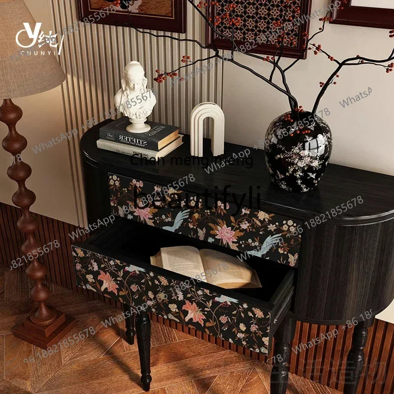 A32 French Retro Entryway Table Living Room Wall-Mounted Solid Wood Entryway Hallway Storage Decorative Side Cabinet