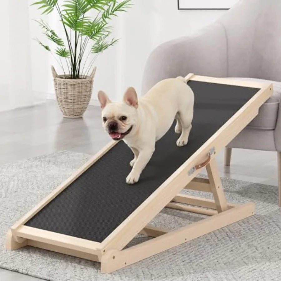 

Dog Ramp for Couch Bed Car, Wooden, Brown, Adjustable 18-23.6 Height with High-Traction Mat Sturdy Build for Small Medium Older