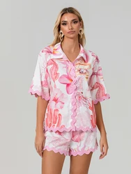 Women's 2 Piece Lounge Set Ric Rac Short Sleeve Button Down Tops Drawstring Shorts Pajama Set Summer Leisure Style Tracksuits