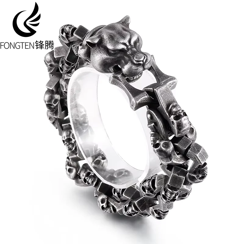 Fongten Skull Tiger Bracelet for Men Stainless Steel Skeleton Chain Charm Men's Wristband Bangle Bracelets Rotre Black Jewellery