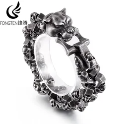 Fongten Skull Tiger Bracelet for Men Stainless Steel Skeleton Chain Charm Men's Wristband Bangle Bracelets Rotre Black Jewellery