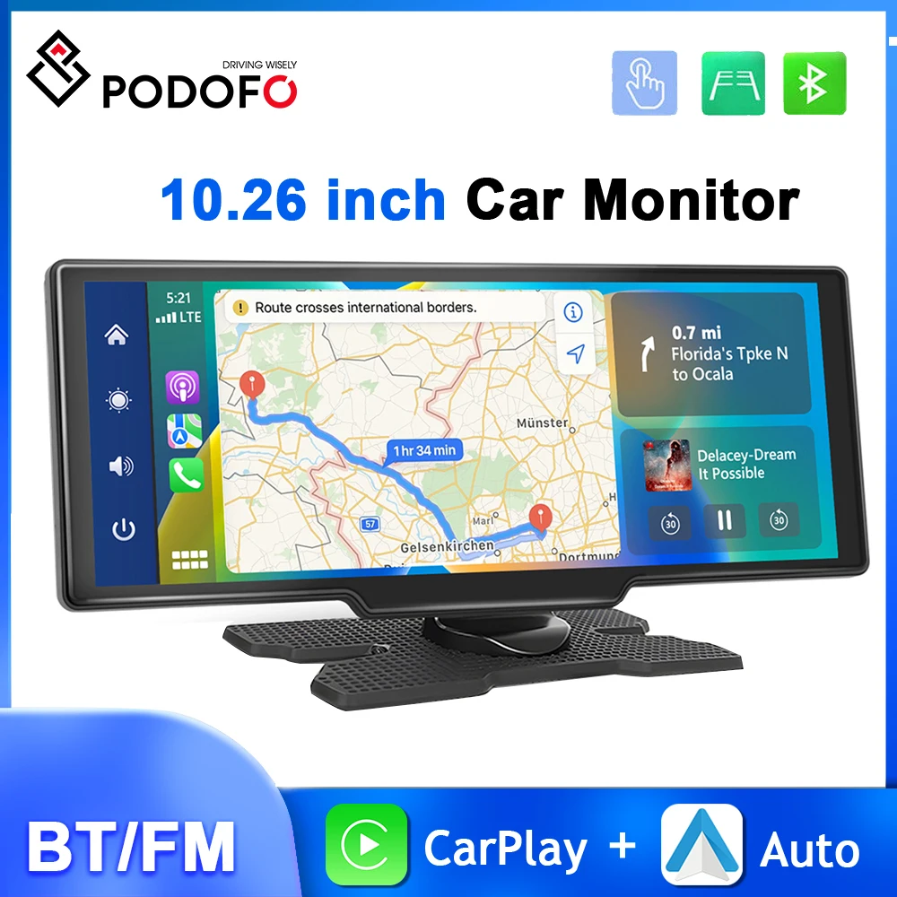 

Podofo 10.26'' HD IPS Screen Car Monitor Carplay Android Auto Multimedia Player DVR Voice Control FM Dashboard Smart Player