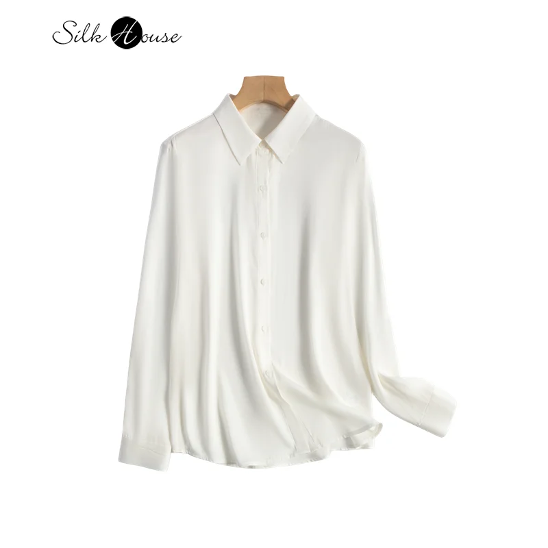 Small Heavyweight 19MM 93% Natural Mulberry Silk Double Qiao Satin White OL Style Versatile Commuter Women's Long Sleeved Shirt