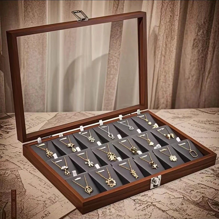 Walnut Wooden Necklace Pendant Jewelry Box 18K Gold Plated Chain Clasp Fine Bracelet Display Storage Box Handmade Korean Style