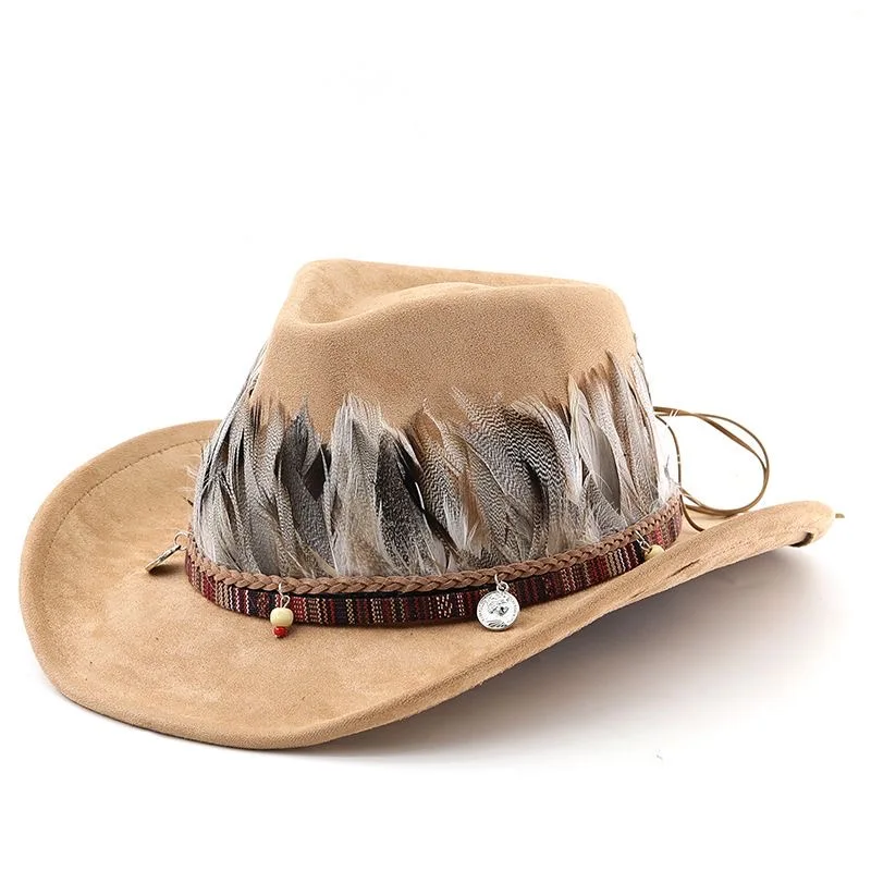 New Arrival Retro Fedora Hat with Feather Decoration Ethnic Jazz Style British Fashion Unisex Upturned Brim Cowboy Hat