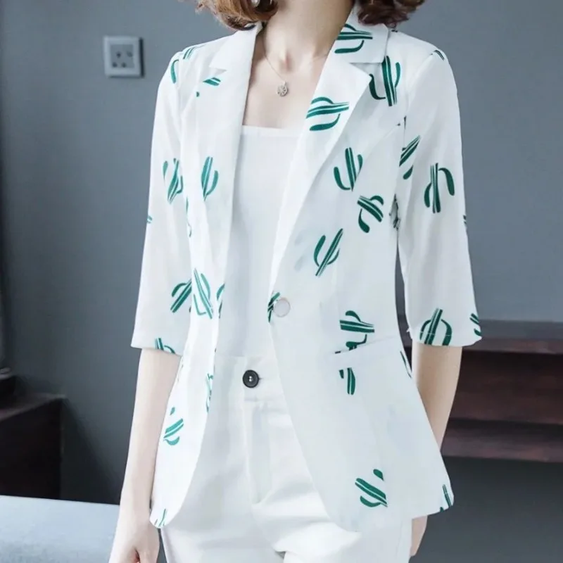 Short Print Women Blazer Coat Sun Protection 2023 Korean New Summer Autumn 3/4 Sleeve Cardigan Female Suit Outerwear M-4XL 69