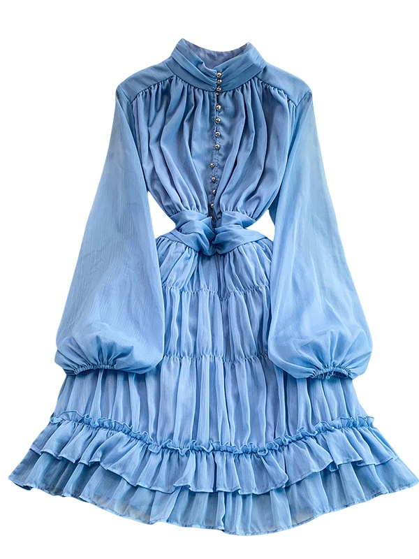 Ele Metal Bule Stand Collar largo Sve Mujer Dr Otoño Invierno gasa plisada cintura ceñida blusa Ci Commute