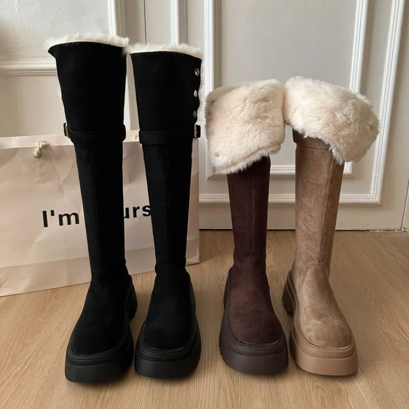 

2026 Women's Foldable Plush Over The Knee Boots Suede Autumn Winter New Thick Sole Long Boots Fleece-Lined Warm Women Shoes