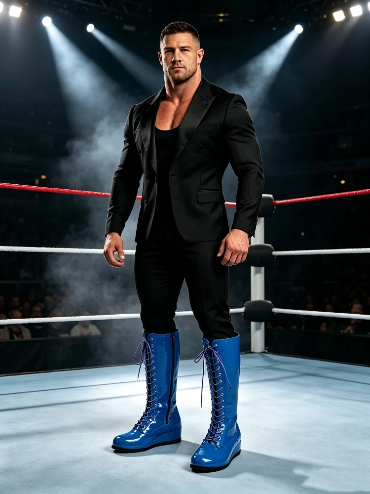 Erwachsene Wrestling-Cosplay-Stiefel für Herren, mehrfarbig, glänzendes Leder, Boxstiefel, Schnür-Motorradschuhe, Halloween-Cosplay-Schuhe