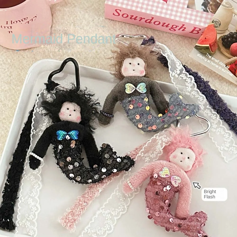 Curled Mermaid Plush Mermaid Doll Key Chain Korean Style Lace Ribbon Sequined Mermaid Pendant Car Keyring Decoration