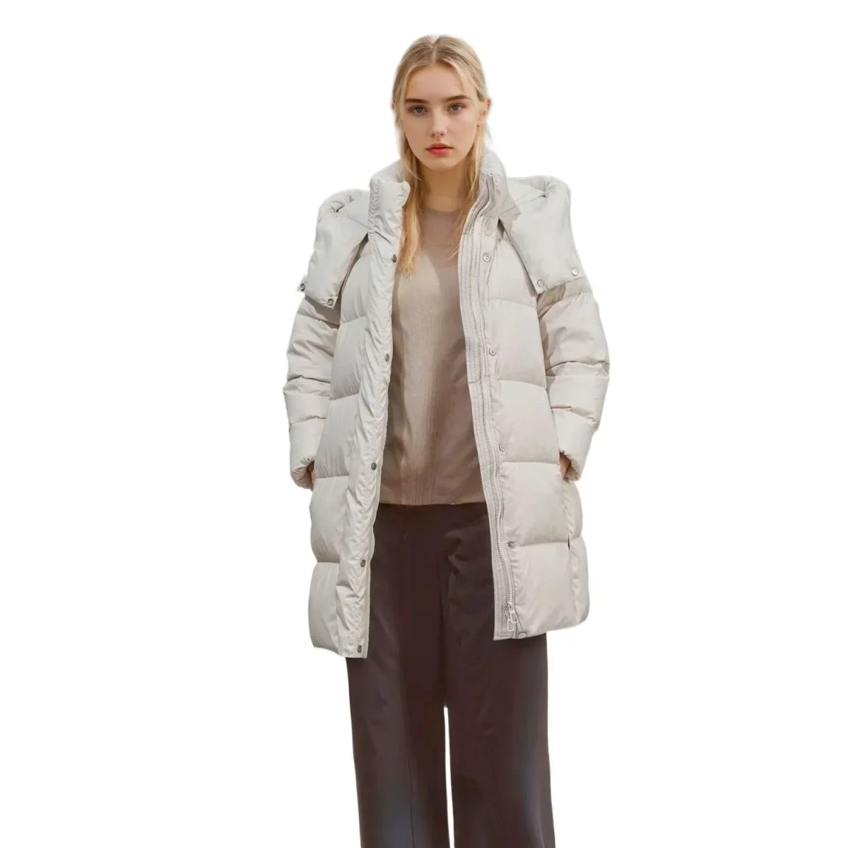 Winter New Women's Down Jacket Commuting Hooded Straight Tube White Duck Down Windproof Jacket