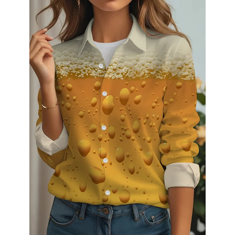 New Women'S Casual Long-Sleeve Shirt with Refreshing Beer Droplets And Dense Foam, Perfect for Holiday Gatherings And Commuting.