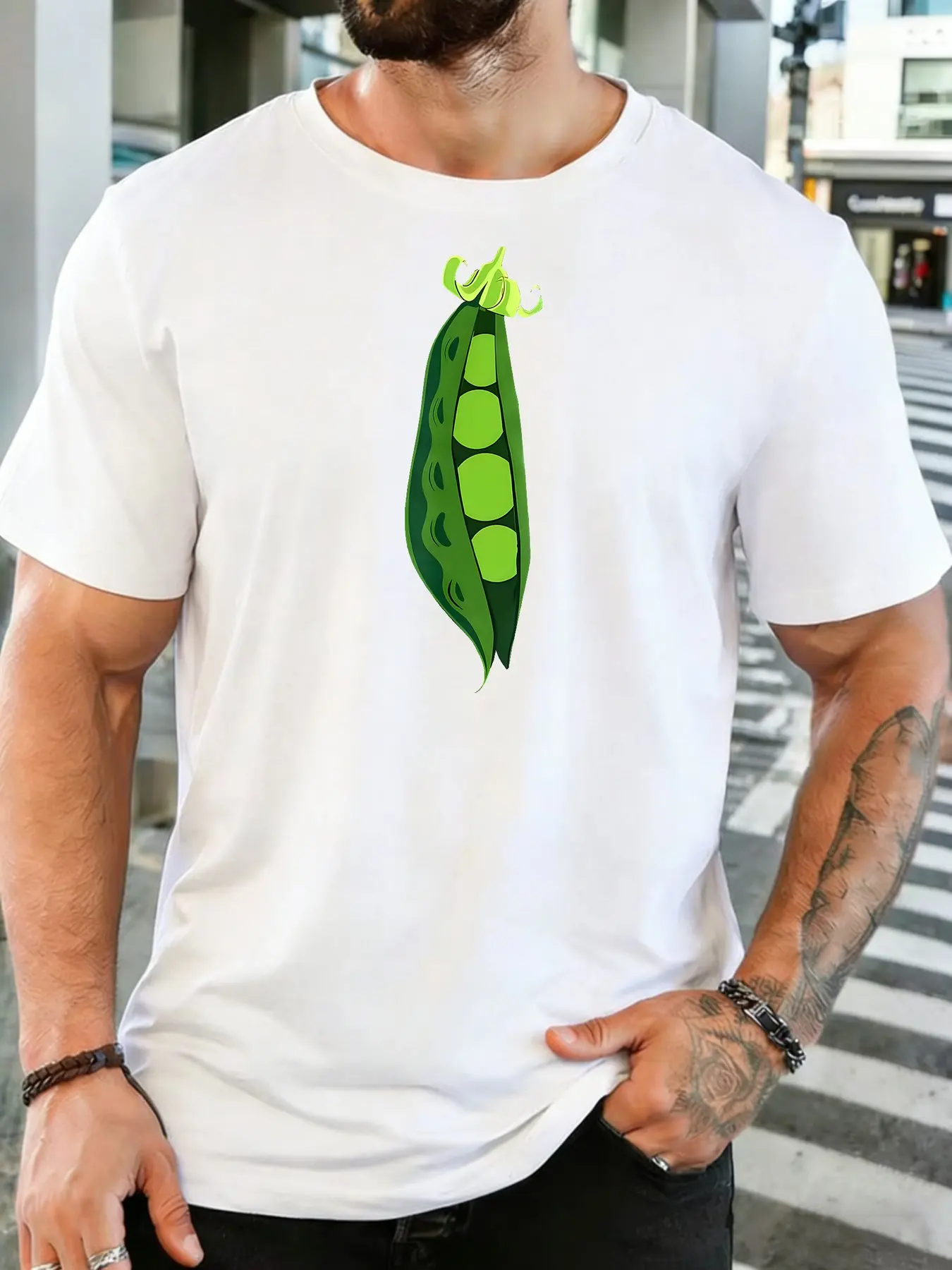 Male Army Green Round Neck T Shirt Bright Hand Drawn Four Peas Inside Pod Art Simple Vegetarian Fresh Plant Daily Cotton Tee