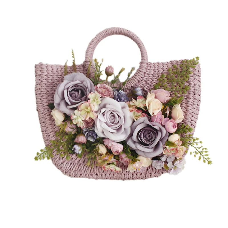 Hand-made Women Fashion Flower Straw Beach Bag Hand-woven Holiday Large Capacity Travel Handbag Tote Photograph Hat Bag Suit