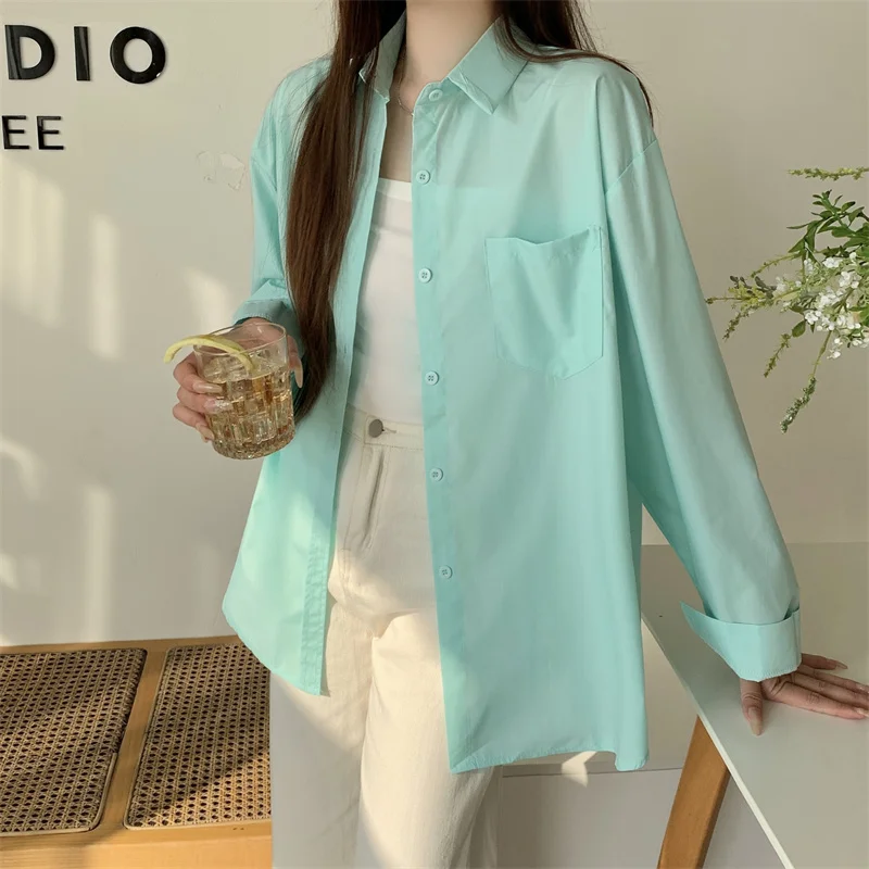 White Oversize Boyfriend Shirt Summer Casual Long Sleeve Chest Pocket Button Down Collared Women Shirts and Blouses Outfit