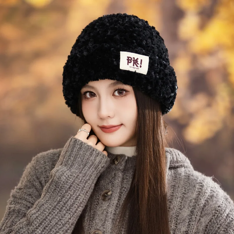 

Women's Fashionable Plush Knit Hat with Fleece Lining Thickened Beanie for Cold Protection Warm Woolen Hat