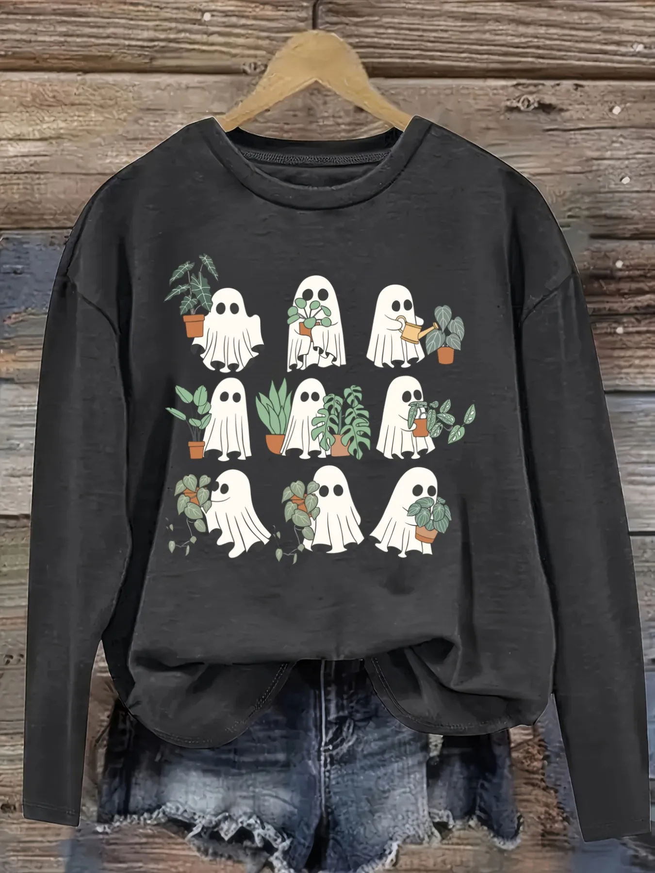 Women's Casual Long Sleeve Crew Neck T-Shirt Cute Ghosts Holding Potted Plants Design, Round Neck Women's Clothing, Machine Washable, Slightly Elastic, Loose Fit, Spring Autumn Winter Women's T-Shirt, Halloween Costume Outfit view 2