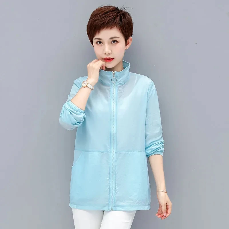 Middle Aged Mother Summer Thin Jacket Korean Loose Stand Collar Zipper Sun Protection Clothes Women Casual Sunscreen Coat 5XL
