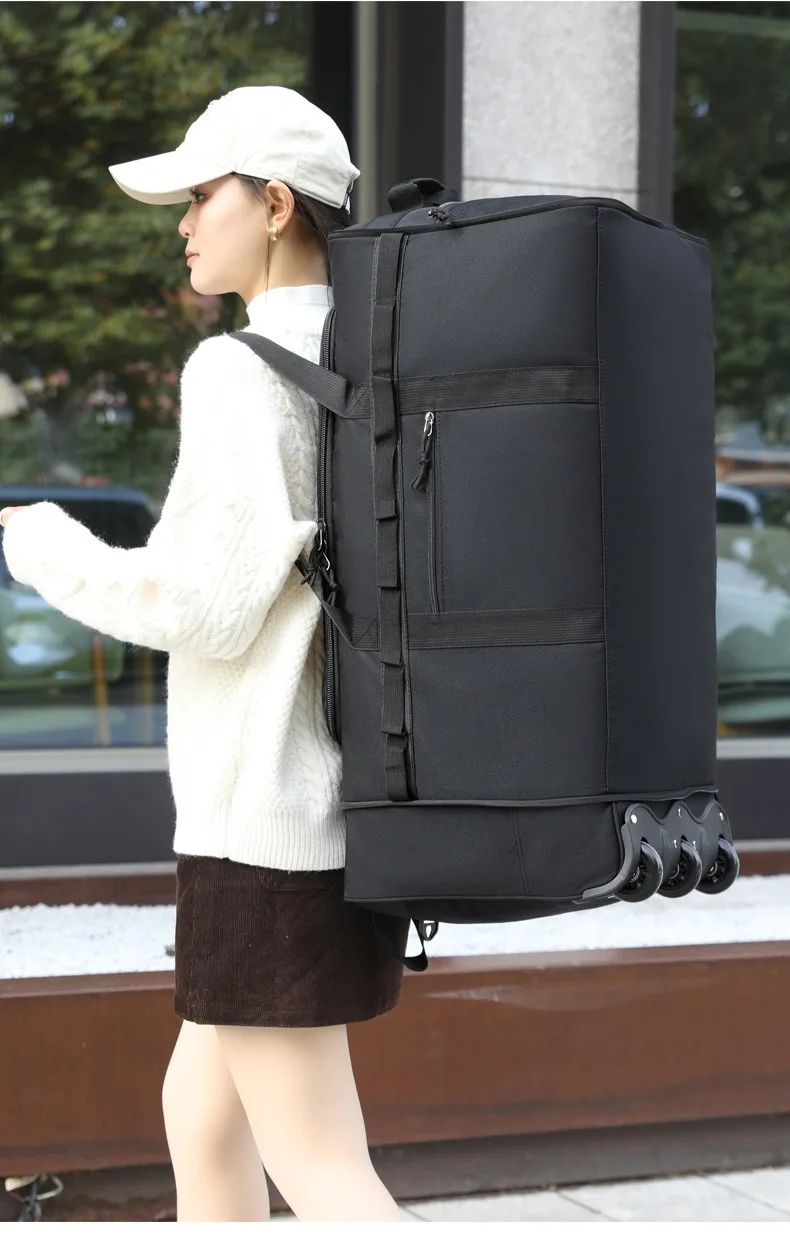 Foldable Expandable Travel Duffel Bag, Large Capacity Portable Luggage, Unisex Carry-on Rolling Shoulder Bag for Trip