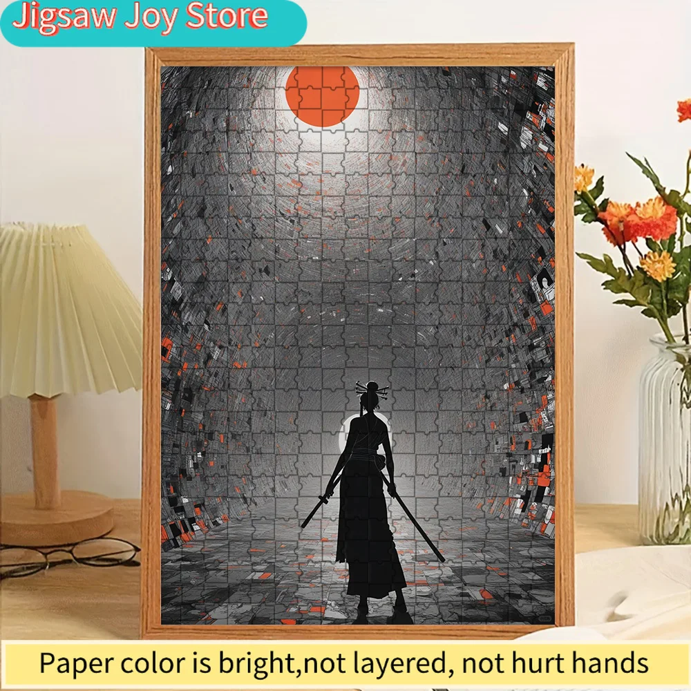 

Японская самурайская женщина-воин: силуэт с двумя мечами, красное солнце, вихревой тоннель, фон, художественная бумага, пазл, стиль бусидо