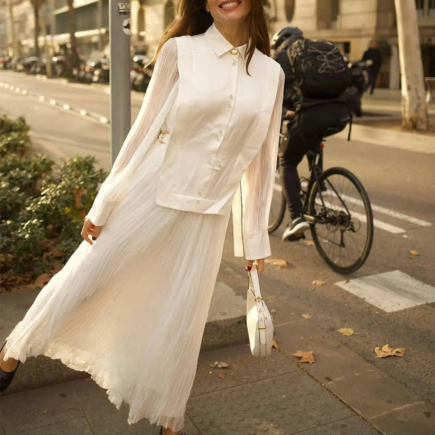 

Women Acetic acid spliced pleated dress turn-down neck long sleeve fashion long dress