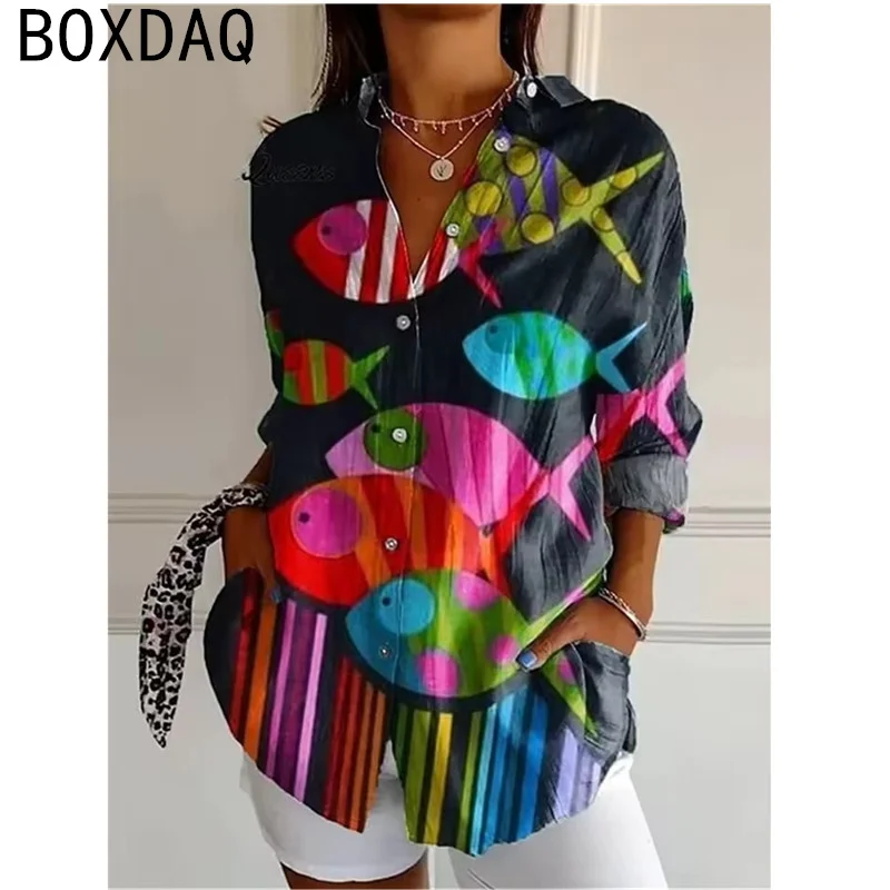 レディースシャツ 3D魚柄プリントシャツ ヴィンテージ風 秋 長袖 ラペルボタン カジュアルブラウス 大きいサイズ 女性用個性派シャツ