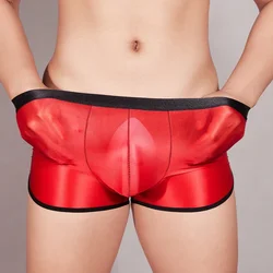 Sissy-Slip sexy soyeux pour hommes, caleçon transparent brillant, slip lisse, culotte en poudre bombée, mince et élastique