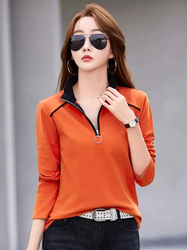 New Women Spring Autumn Cotton T-shirt Fashion Zipper Stand Collar Long Sleeve Loose Tees Tops Casual Basic Pullover T-shirt