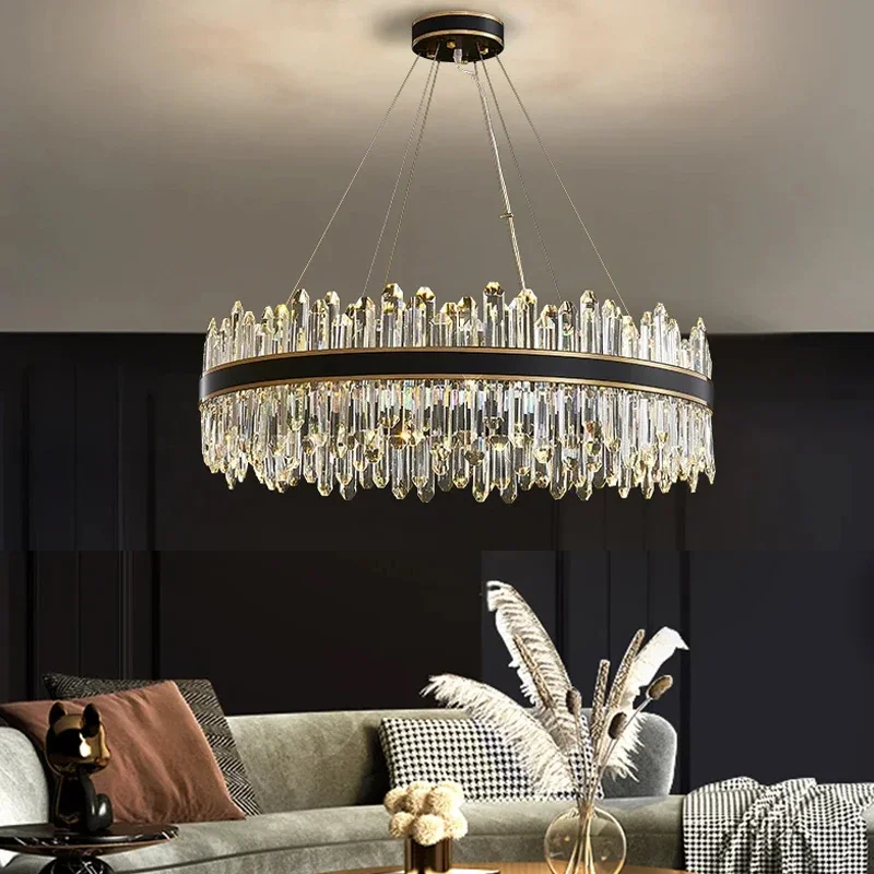 

Villa Luxury Crystal Chandelier Black Gold LED Living Room Light Modern Home Decoration Lustre Dining Room Pendant Light Fixture