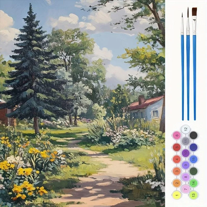 Professional Art Use, Bright Idyllic Garden Landscape Print Adult Paint By Numbers Kit, 2D Flat Polyester Painting Supplies, Mul